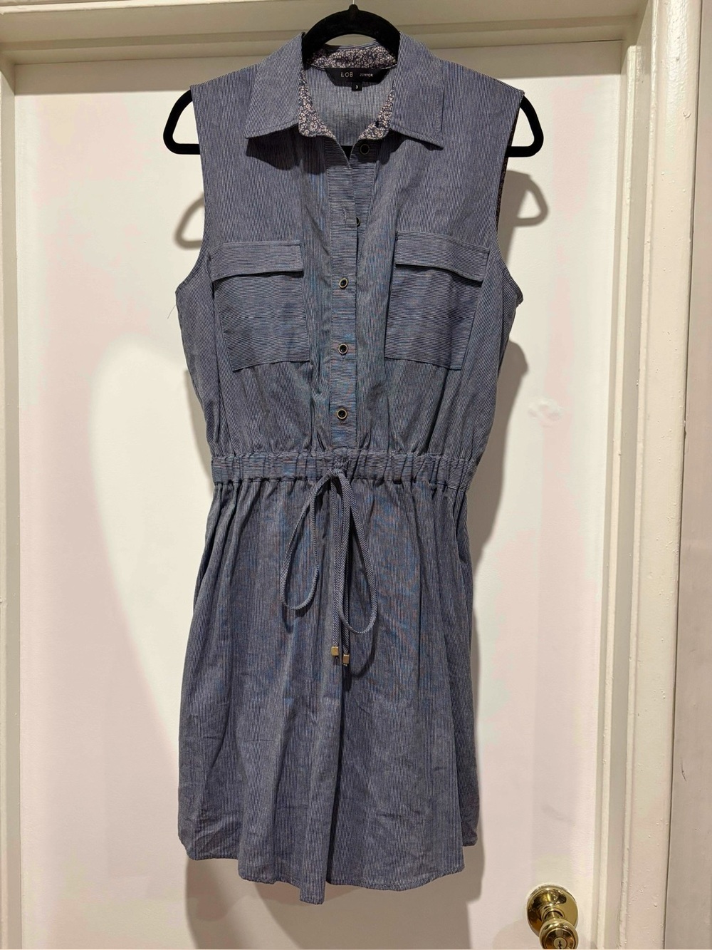 LOB Classic Button Down Summer Dress Blue Tie Waist Collared NWOT
